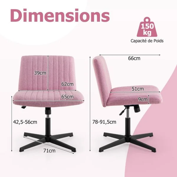 Chaise de Bureau sans Roulettes avec Siège Rembourré Large Bascule à 120° Hauteur Réglable Sans Accoudoirs Rose/Beige/Gris