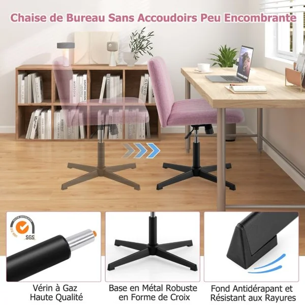 Chaise de Bureau sans Roulettes avec Siège Rembourré Large Bascule à 120° Hauteur Réglable Sans Accoudoirs Rose/Beige/Gris