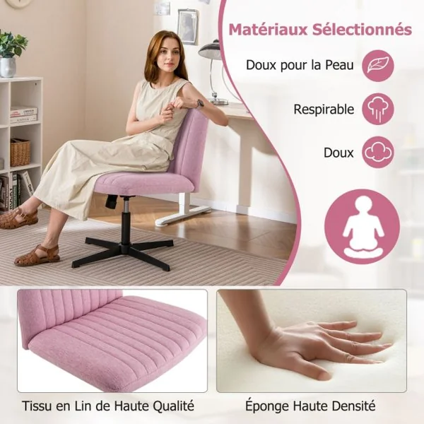 Chaise de Bureau sans Roulettes avec Siège Rembourré Large Bascule à 120° Hauteur Réglable Sans Accoudoirs Rose/Beige/Gris