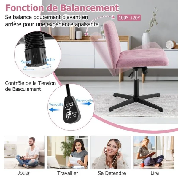 Chaise de Bureau sans Roulettes avec Siège Rembourré Large Bascule à 120° Hauteur Réglable Sans Accoudoirs Rose/Beige/Gris