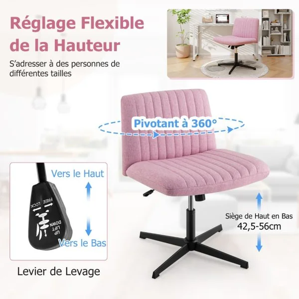 Chaise de Bureau sans Roulettes avec Siège Rembourré Large Bascule à 120° Hauteur Réglable Sans Accoudoirs Rose/Beige/Gris