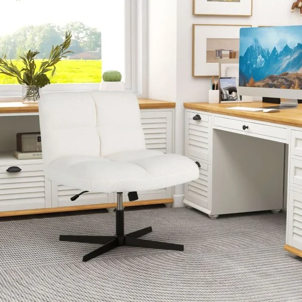 Chaise de Bureau à Pieds Croisés Sans Accoudoirs Polaire Imitation Agneau Hauteur Réglable Siège Large Chaise de Poids de 160 Kg Café/Gris/Blanc
