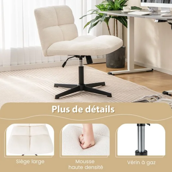 Chaise de Bureau à Pieds Croisés Sans Accoudoirs Polaire Imitation Agneau Hauteur Réglable Siège Large Chaise de Poids de 160 Kg Café/Gris/Blanc