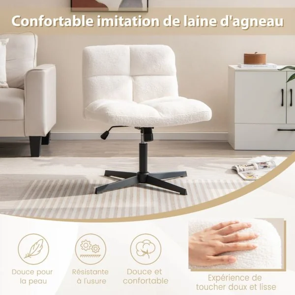 Chaise de Bureau à Pieds Croisés Sans Accoudoirs Polaire Imitation Agneau Hauteur Réglable Siège Large Chaise de Poids de 160 Kg Café/Gris/Blanc