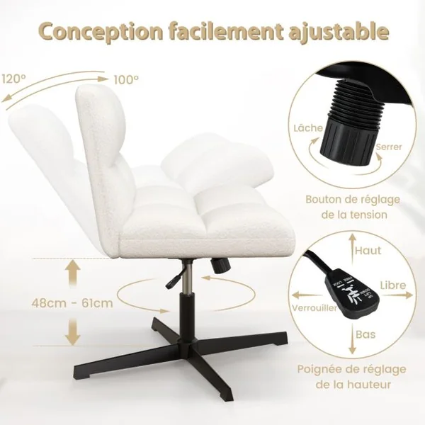 Chaise de Bureau à Pieds Croisés Sans Accoudoirs Polaire Imitation Agneau Hauteur Réglable Siège Large Chaise de Poids de 160 Kg Café/Gris/Blanc