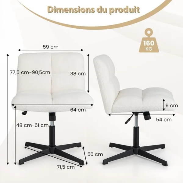 Chaise de Bureau à Pieds Croisés Sans Accoudoirs Polaire Imitation Agneau Hauteur Réglable Siège Large Chaise de Poids de 160 Kg Café/Gris/Blanc