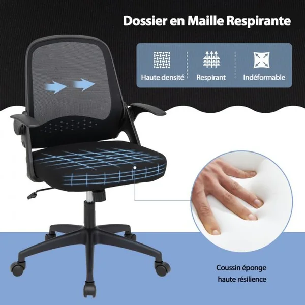 Chaise de Bureau à Roulettes Pivotante Bascule en Maille avec Soutien Lombaire Hauteur d'Assise Réglable 45 - 55 CM Noir