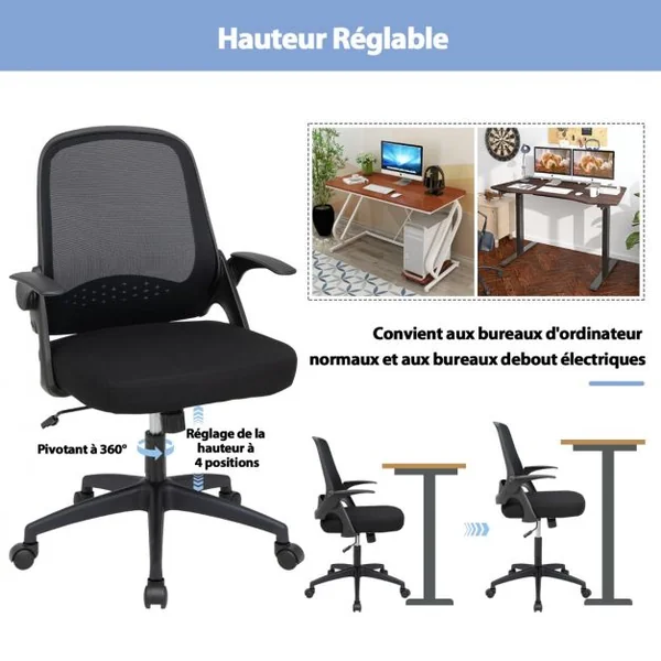 Chaise de Bureau à Roulettes Pivotante Bascule en Maille avec Soutien Lombaire Hauteur d'Assise Réglable 45 - 55 CM Noir