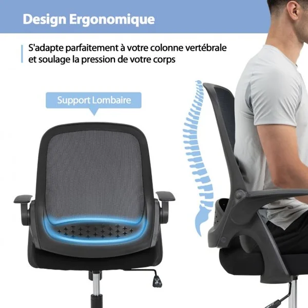 Chaise de Bureau à Roulettes Pivotante Bascule en Maille avec Soutien Lombaire Hauteur d'Assise Réglable 45 - 55 CM Noir