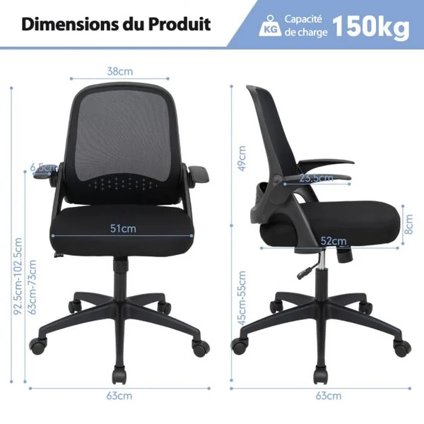 Chaise de Bureau à Roulettes Pivotante Bascule en Maille avec Soutien Lombaire Hauteur d'Assise Réglable 45 - 55 CM Noir