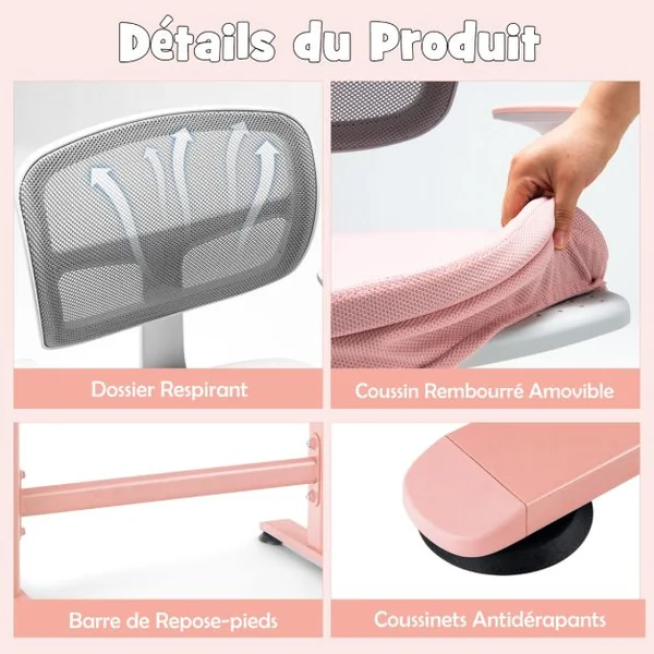 Chaise de Bureau à Roulettes pour Enfants Verrouillage automatique Soutien Lombaire Siège Pivotant Hauteur Réglable 80-91,5 CM 3-10 Ans 7 Couleurs au Choix