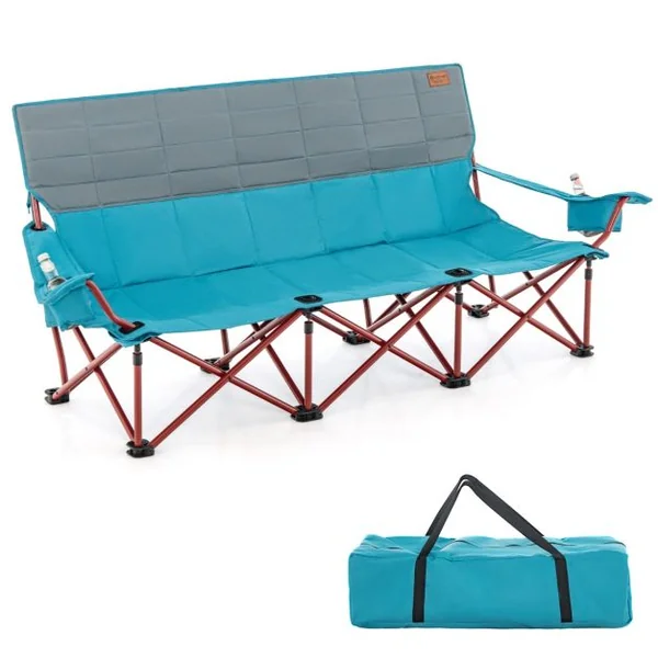 Chaise de Camping 3 Places Surdimensionnée Causeuse Pliante avec Porte-gobelets Rembourrage Epais Capacité 450 kg Bleu