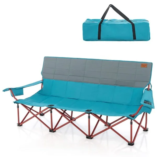 Chaise de Camping 3 Places Surdimensionnée Causeuse Pliante avec Porte-gobelets Rembourrage Epais Capacité 450 kg Bleu