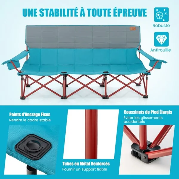 Chaise de Camping 3 Places Surdimensionnée Causeuse Pliante avec Porte-gobelets Rembourrage Epais Capacité 450 kg Bleu
