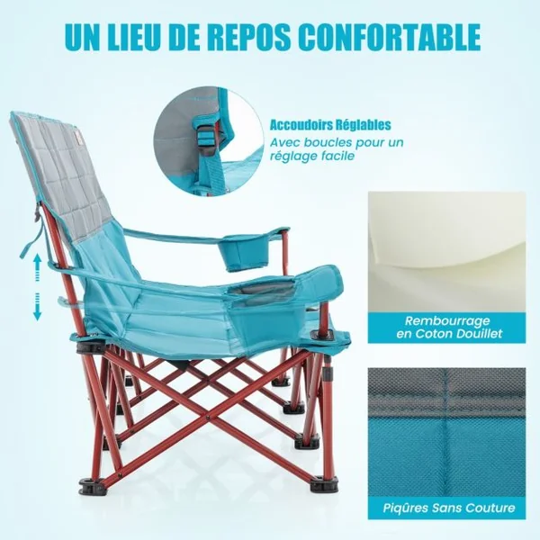Chaise de Camping 3 Places Surdimensionnée Causeuse Pliante avec Porte-gobelets Rembourrage Epais Capacité 450 kg Bleu