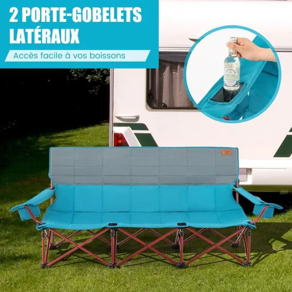 Chaise de Camping 3 Places Surdimensionnée Causeuse Pliante avec Porte-gobelets Rembourrage Epais Capacité 450 kg Bleu