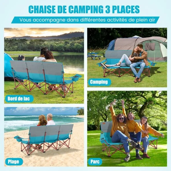 Chaise de Camping 3 Places Surdimensionnée Causeuse Pliante avec Porte-gobelets Rembourrage Epais Capacité 450 kg Bleu