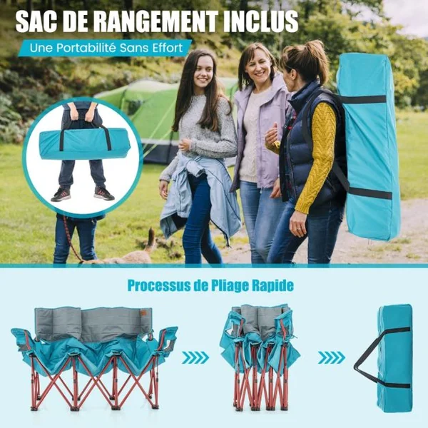 Chaise de Camping 3 Places Surdimensionnée Causeuse Pliante avec Porte-gobelets Rembourrage Epais Capacité 450 kg Bleu