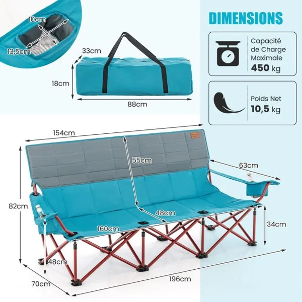 Chaise de Camping 3 Places Surdimensionnée Causeuse Pliante avec Porte-gobelets Rembourrage Epais Capacité 450 kg Bleu
