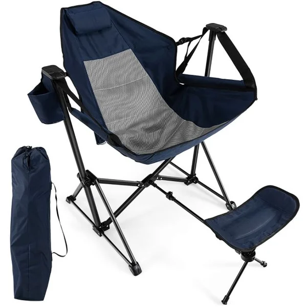 Chaise de camping avec repose-pieds amovible avec dossier réglable oreiller porte-gobelet sac de rangement Bleu