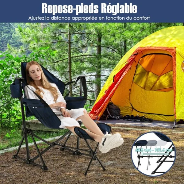 Chaise de camping avec repose-pieds amovible avec dossier réglable oreiller porte-gobelet sac de rangement Bleu