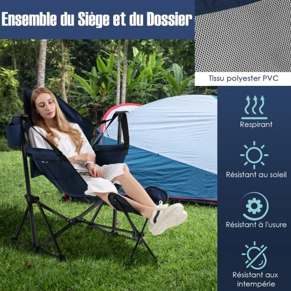 Chaise de camping avec repose-pieds amovible avec dossier réglable oreiller porte-gobelet sac de rangement Bleu