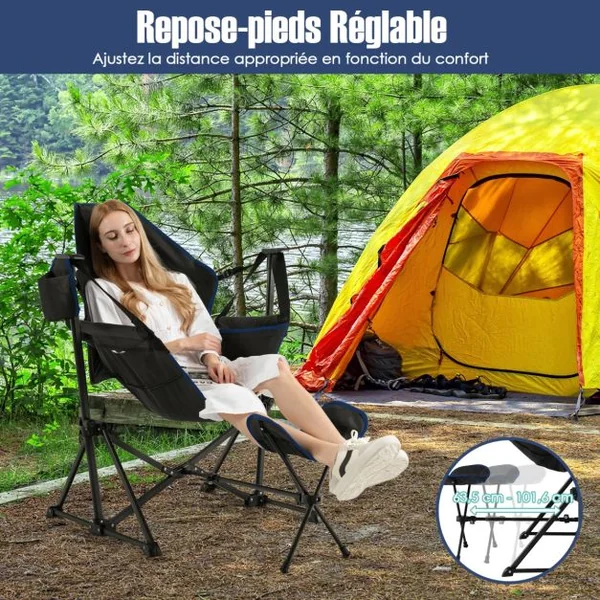 Chaise de camping avec repose-pieds amovible avec dossier réglable oreiller porte-gobelet sac de rangement Noir