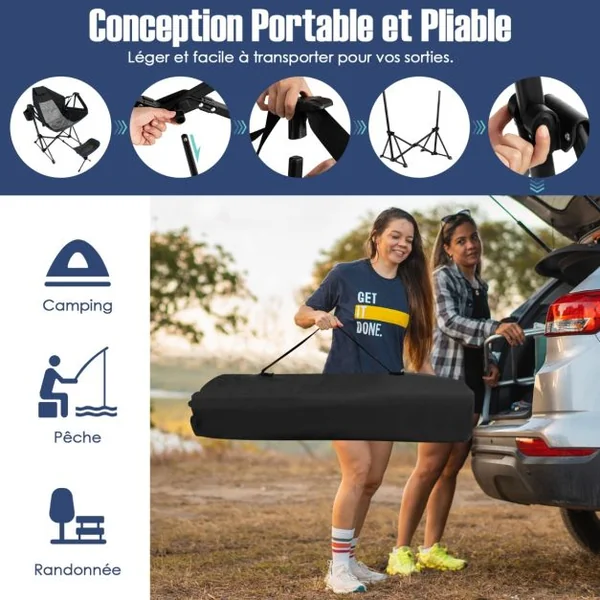 Chaise de camping avec repose-pieds amovible avec dossier réglable oreiller porte-gobelet sac de rangement Noir