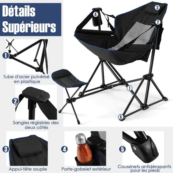 Chaise de camping avec repose-pieds amovible avec dossier réglable oreiller porte-gobelet sac de rangement Noir