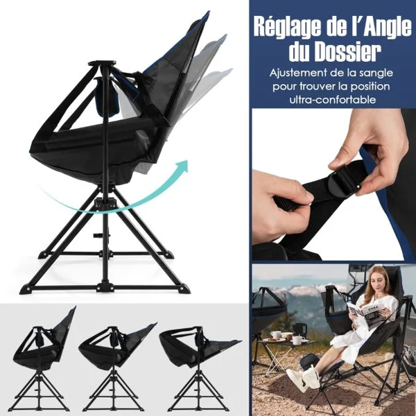 Chaise de camping avec repose-pieds amovible avec dossier réglable oreiller porte-gobelet sac de rangement Noir