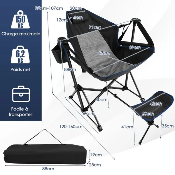Chaise de camping avec repose-pieds amovible avec dossier réglable oreiller porte-gobelet sac de rangement Noir