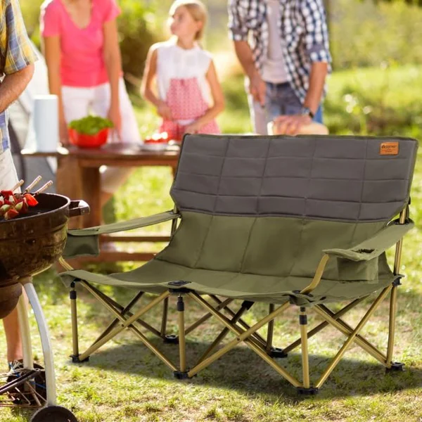Chaise de Camping Double Surdimensionnée Causeuse Pliante avec Porte-gobelets Rembourrage Epais Capacité 300 kg Bleu