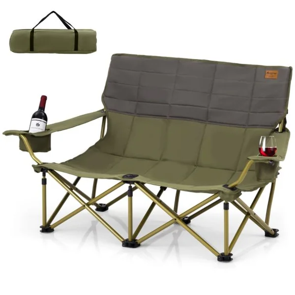 Chaise de Camping Double Surdimensionnée Causeuse Pliante avec Porte-gobelets Rembourrage Epais Capacité 300 kg Bleu