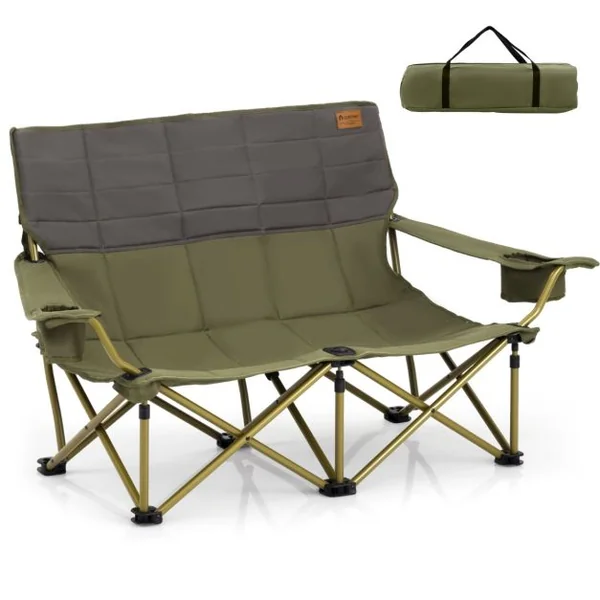 Chaise de Camping Double Surdimensionnée Causeuse Pliante avec Porte-gobelets Rembourrage Epais Capacité 300 kg Bleu