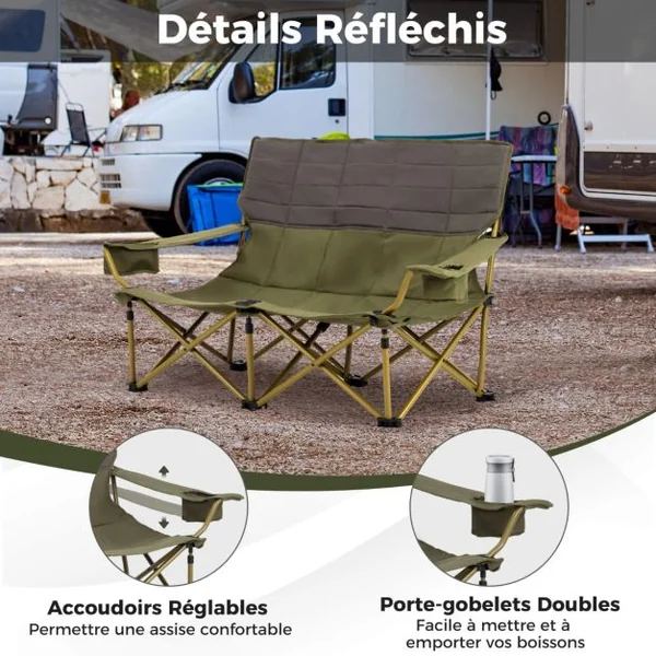 Chaise de Camping Double Surdimensionnée Causeuse Pliante avec Porte-gobelets Rembourrage Epais Capacité 300 kg Bleu