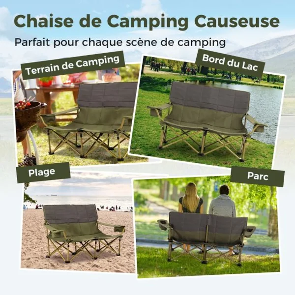 Chaise de Camping Double Surdimensionnée Causeuse Pliante avec Porte-gobelets Rembourrage Epais Capacité 300 kg Bleu