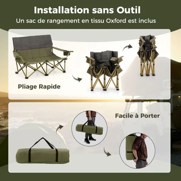 Chaise de Camping Double Surdimensionnée Causeuse Pliante avec Porte-gobelets Rembourrage Epais Capacité 300 kg Bleu