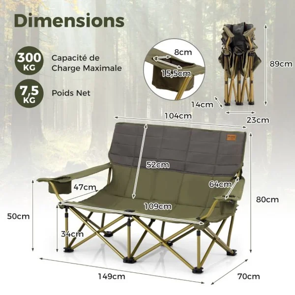 Chaise de Camping Double Surdimensionnée Causeuse Pliante avec Porte-gobelets Rembourrage Epais Capacité 300 kg Bleu