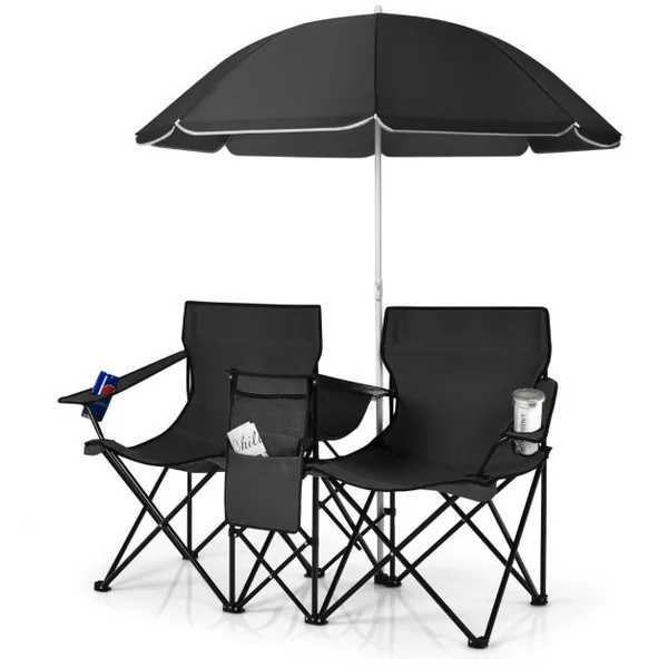 Chaise de Camping Pliante 2 Places avec Poche Isotherme Porte-gobelet Parasol Accoudoirs Portable 113 KG 7 Couleurs au Choix