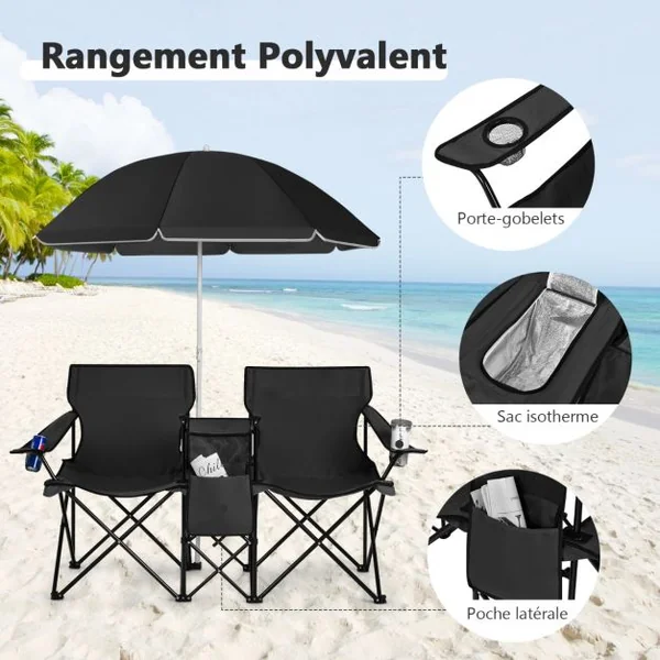 Chaise de Camping Pliante 2 Places avec Poche Isotherme Porte-gobelet Parasol Accoudoirs Portable 113 KG 7 Couleurs au Choix