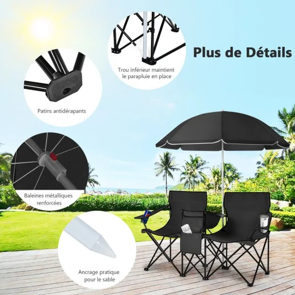 Chaise de Camping Pliante 2 Places avec Poche Isotherme Porte-gobelet Parasol Accoudoirs Portable 113 KG 7 Couleurs au Choix