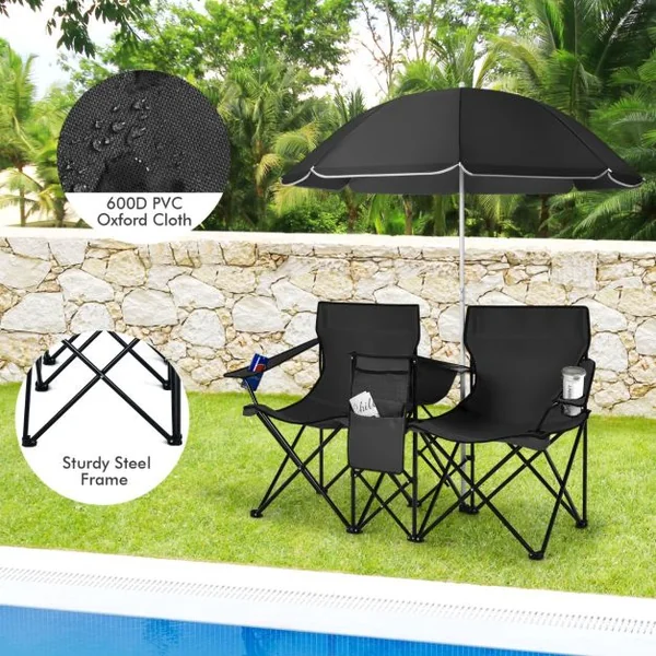 Chaise de Camping Pliante 2 Places avec Poche Isotherme Porte-gobelet Parasol Accoudoirs Portable 113 KG 7 Couleurs au Choix
