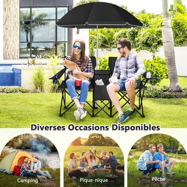 Chaise de Camping Pliante 2 Places avec Poche Isotherme Porte-gobelet Parasol Accoudoirs Portable 113 KG 7 Couleurs au Choix