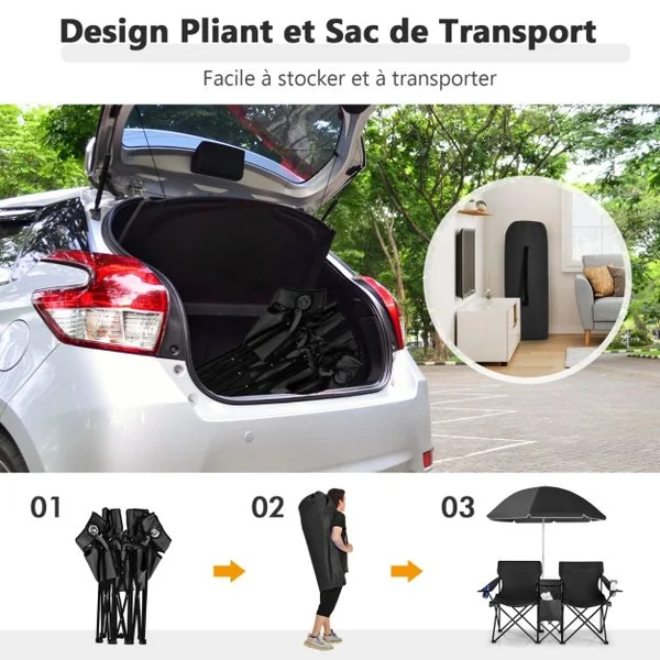 Chaise de Camping Pliante 2 Places avec Poche Isotherme Porte-gobelet Parasol Accoudoirs Portable 113 KG 7 Couleurs au Choix
