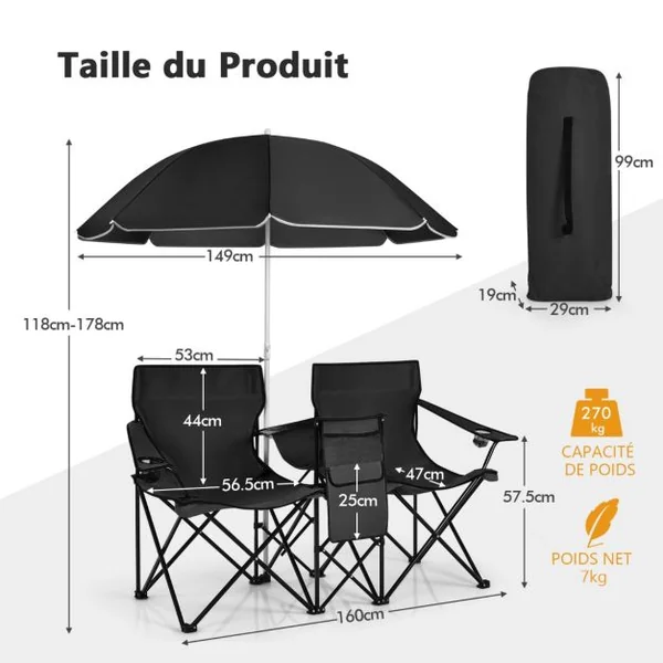 Chaise de Camping Pliante 2 Places avec Poche Isotherme Porte-gobelet Parasol Accoudoirs Portable 113 KG 7 Couleurs au Choix