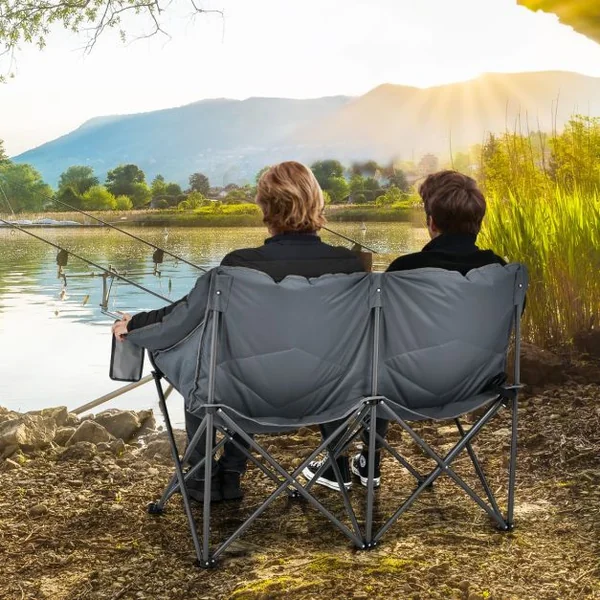 Chaise de Camping Pliante 2 Places Charge 226KG avec Siège Rembourré et 2 Poches de Rangement pour Pêche Pique-nique Gris