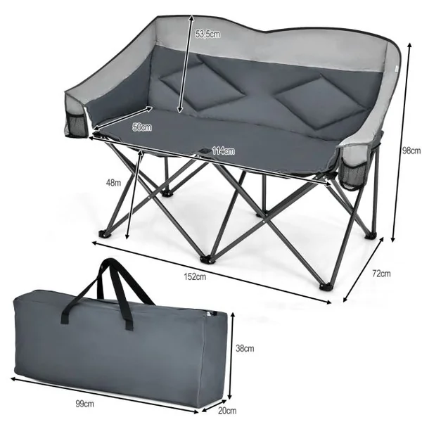 Chaise de Camping Pliante 2 Places Charge 226KG avec Siège Rembourré et 2 Poches de Rangement pour Pêche Pique-nique Gris