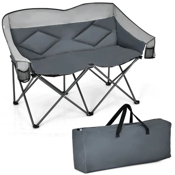 Chaise de Camping Pliante 2 Places Charge 226KG avec Siège Rembourré et 2 Poches de Rangement pour Pêche Pique-nique Gris