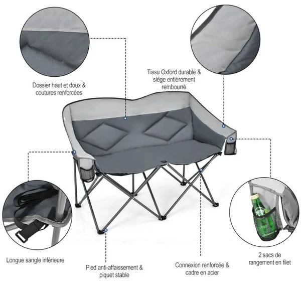Chaise de Camping Pliante 2 Places Charge 226KG avec Siège Rembourré et 2 Poches de Rangement pour Pêche Pique-nique Gris