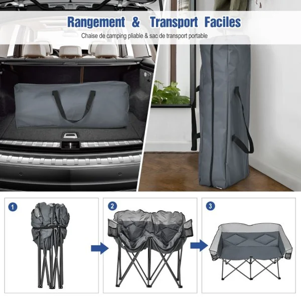 Chaise de Camping Pliante 2 Places Charge 226KG avec Siège Rembourré et 2 Poches de Rangement pour Pêche Pique-nique Gris